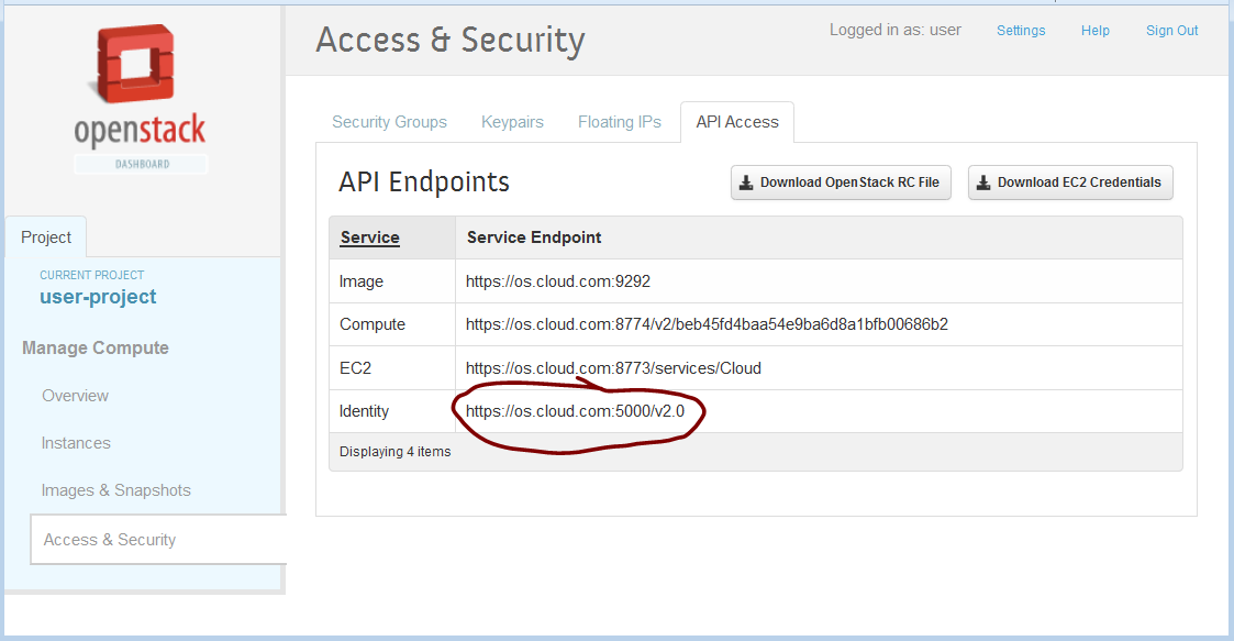 Openstack web interface - Access & Security - API Access